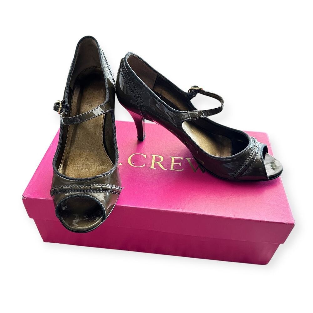 J. Crew Mary Jane Spectator Peep Toe Heels Graphite Patent Leather Women 7.5